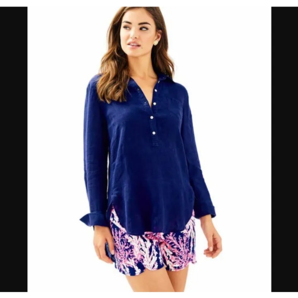 Lilly Pulitzer NEW Womens Deanna Popover Top Navy Blue Button Down Size 0 $108